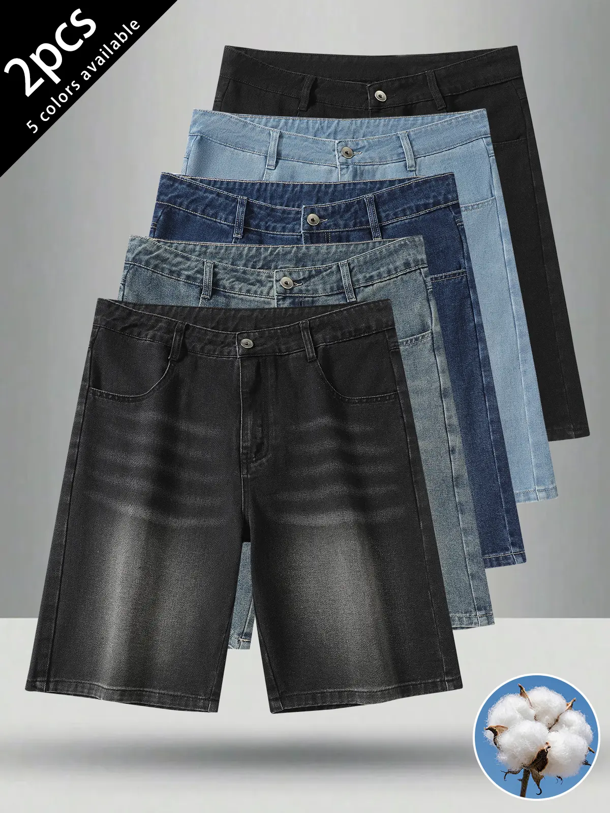 2-pack men’s denim shorts: men’s denim shorts, men’s shorts, men’s cotton-blend denim shorts, men’s mid-thigh denim shorts. Loose straight fit with a button-and-zip front design. Suitable for everyday casual wear, commuting to work, holiday gatherings—ver