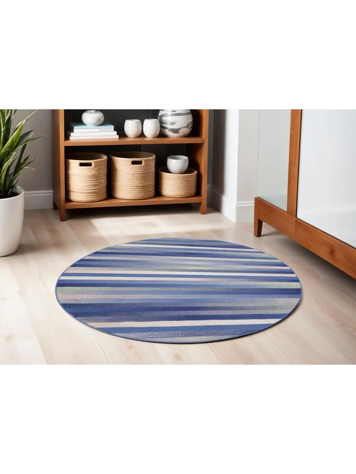 HomeRoots 5 ft. Round Striped Decorative Modern Area Rug - Ivory, Tan, Blue, Home Decor Floor Rug for Kid Room, Decorative Area Rug
