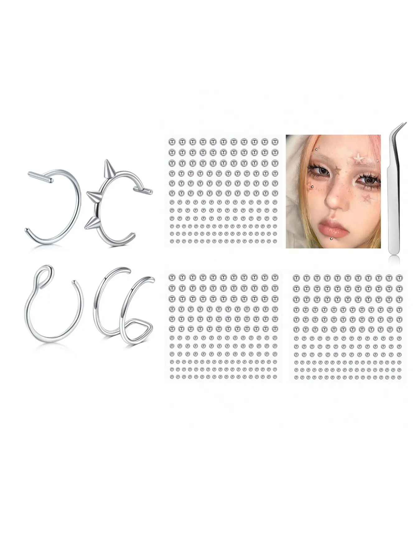 Fake Piercing Jewelry, Faux Lip Ring Set, Facial Jewelry, Labret Studs, Accessories, Multi Use for Lip Eyebrow Nose Fake Piercing, Fake Tongue Piercing, Non Piercing Jewelry for Women & Men Daily Casual Wear, Stainless Steel