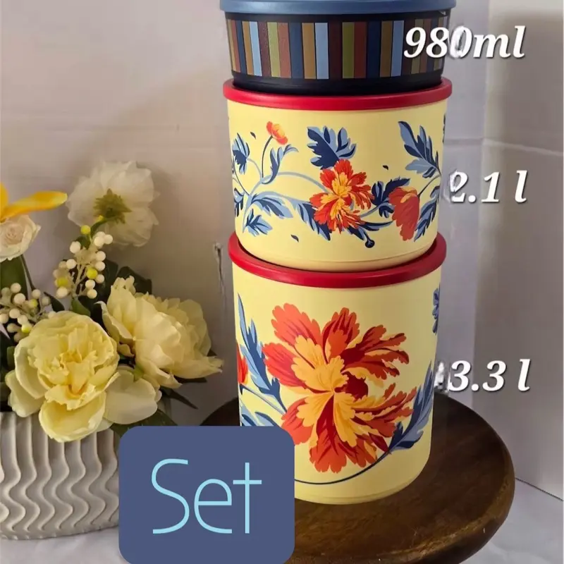 Floral Storage Set - 980ml, 2.1l, 3.3l Capacities - Vibrant Design for Kitchen Organization Canister