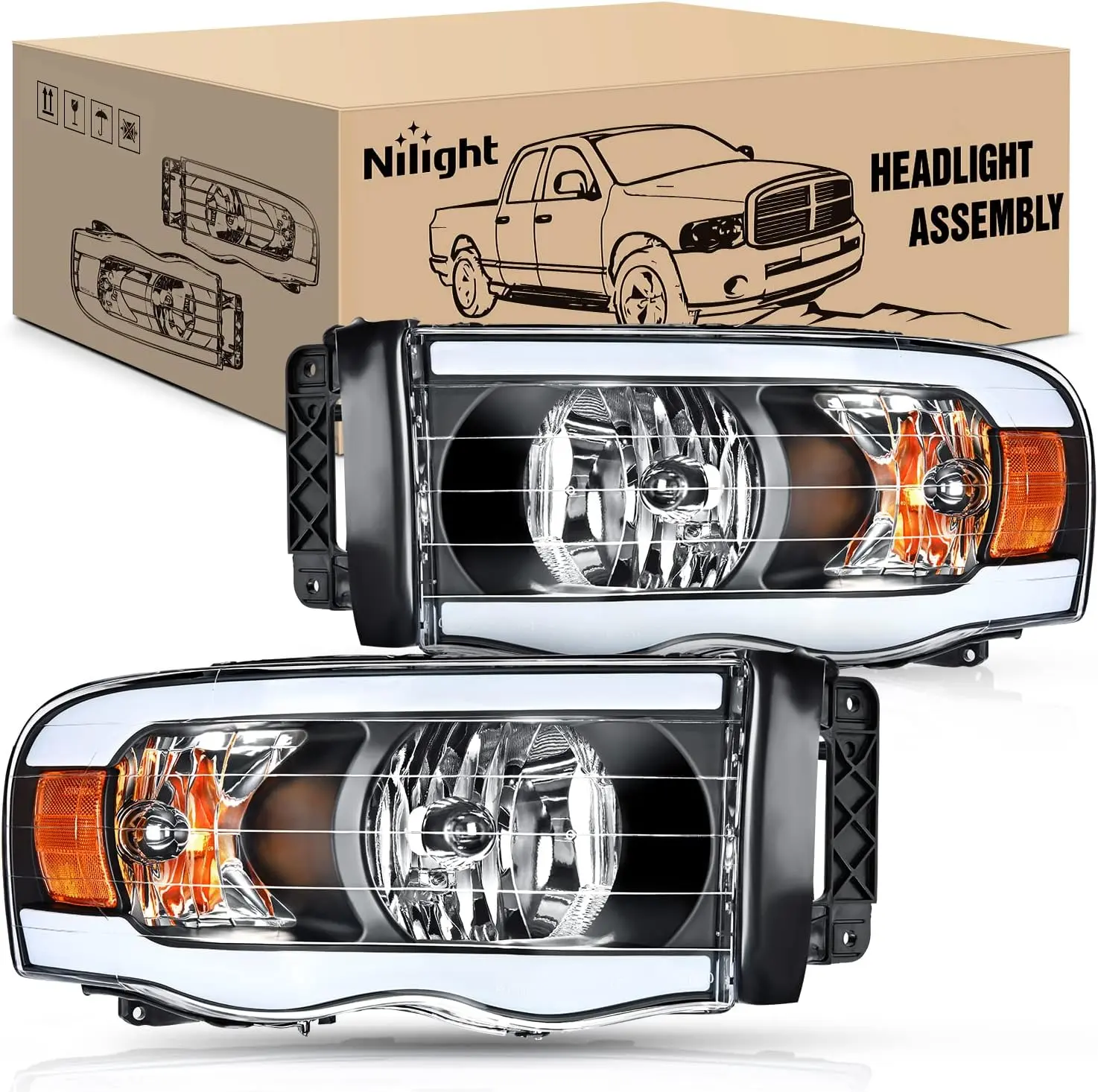 Nilight Waterproof LED Headlights Assembly - OE Fitment Plug-and-Play LED Front Lights with DRL, Black Housing, Amber Reflector, Easy Install Driver's & Passenger's Side Truck Accessories for 2002-2005 Dodge Ram 1500, 2003-2005 Dodge Ram 2500/3500, Driver