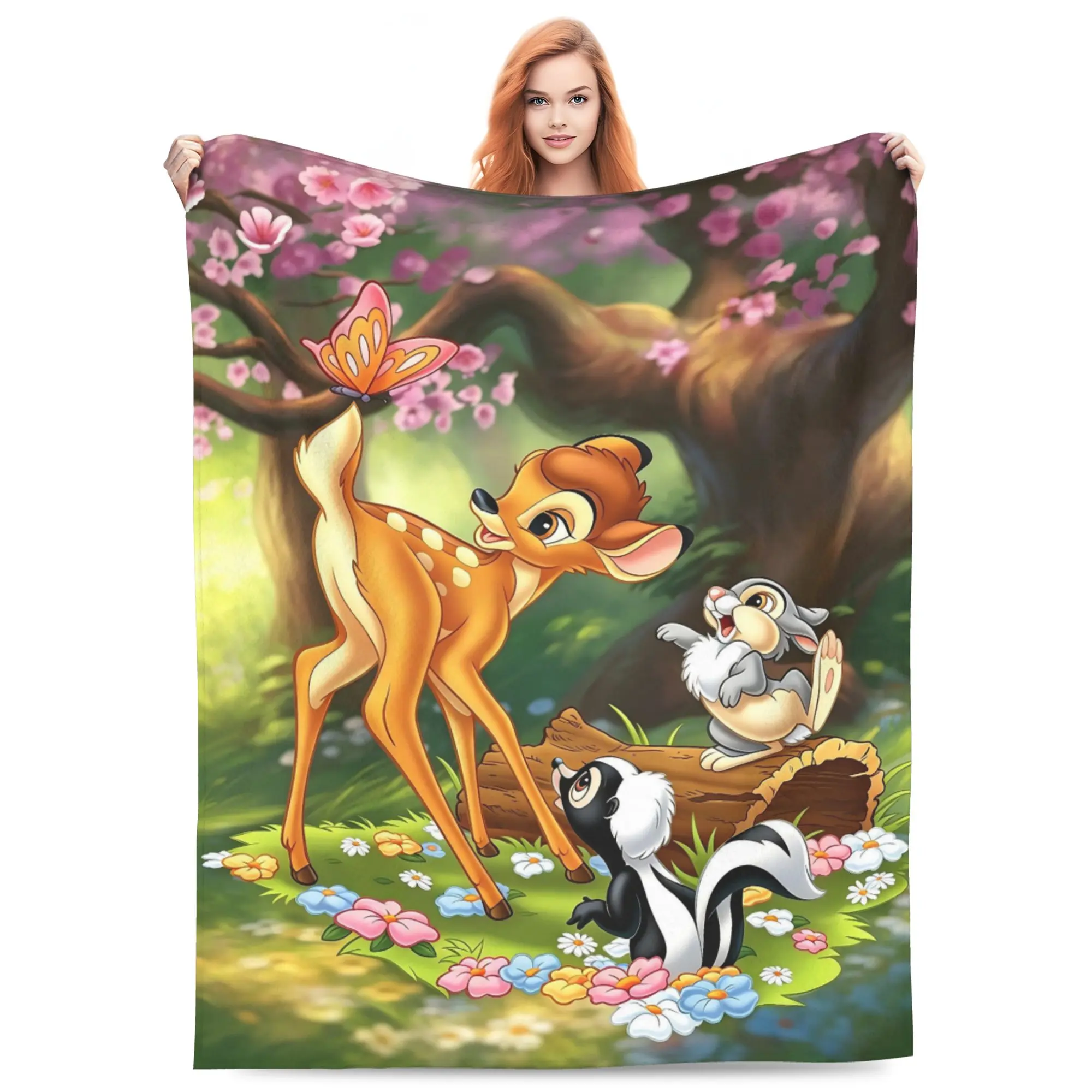 DISNEY CLASSIC Soft Flannel Throw Blanket Bambi Cartoon Print Lightweight Cozy Fleece Blanket, Cute Deer Thumper Rabbit Flower Skunk Forest Cherry Blossom Pattern Warm Decor Blanket for Sofa Couch Bed Camping Kids Girls Women Birthday Holiday Gift