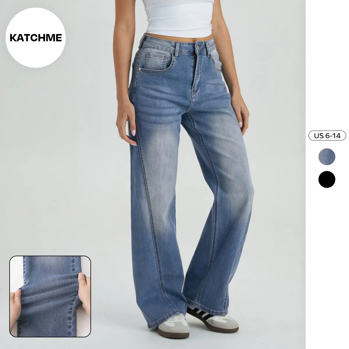KatchMe Women's Basic High Waist Side Seam Wide Leg Jeans, Classy Multi-Pocket Durable Denim Trousers, Stretchy Soft Pants, Wrinkle-Resistant Women's Bottom, Casual Chic Streetwear