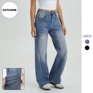 KatchMe Women's Basic High Waist Side Seam Wide Leg Jeans, Classy Multi-Pocket Denim Trousers, Versatile Women's Bottom, Streetwear Outfits