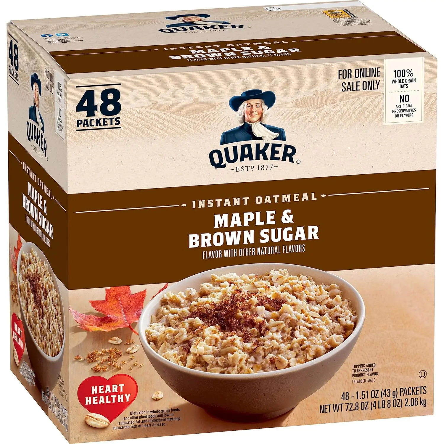 Quaker Instant Oatmeal - Maple & Brown Sugar Flavor, Healthy High Fiber Low Cholesterol Breakfast Cereal, 1.51 oz Individual Packets (Pack of 48), Easy-Prep Pantry Food