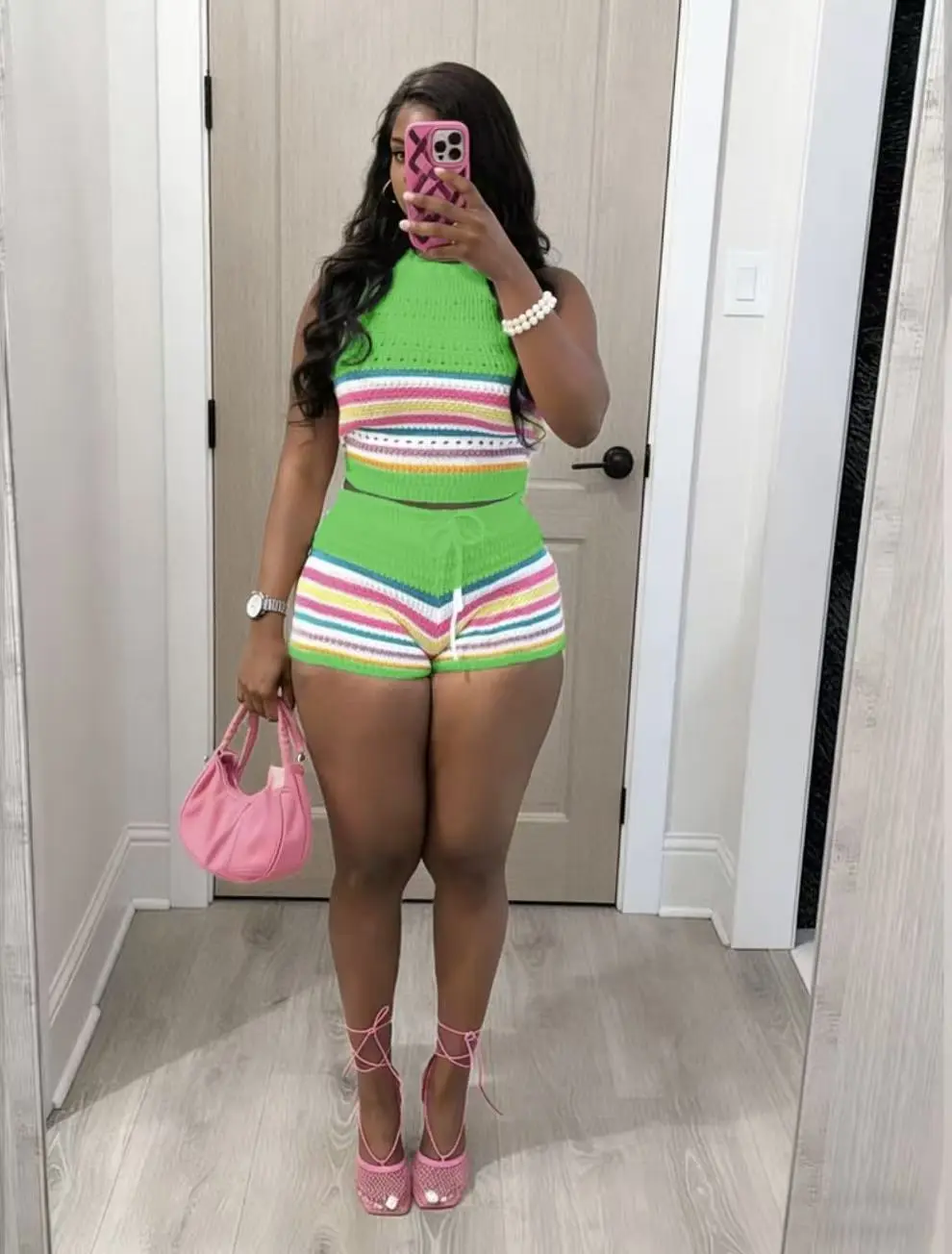 Sweet Dreams.Colorful Striped Tank Top & Shorts Set for Women - Perfect for Casual Wear & Summer Outfits