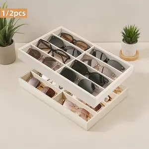 1/2pcs Velvet Fashion Glass Organizer Tray, 8-Grids Beige Drawer Organizer & Stackable Display Case - Scratch-Free Soft Lining for Eyeglasses, Watches, Jewelry - Fits Standard Drawers, Men & Women