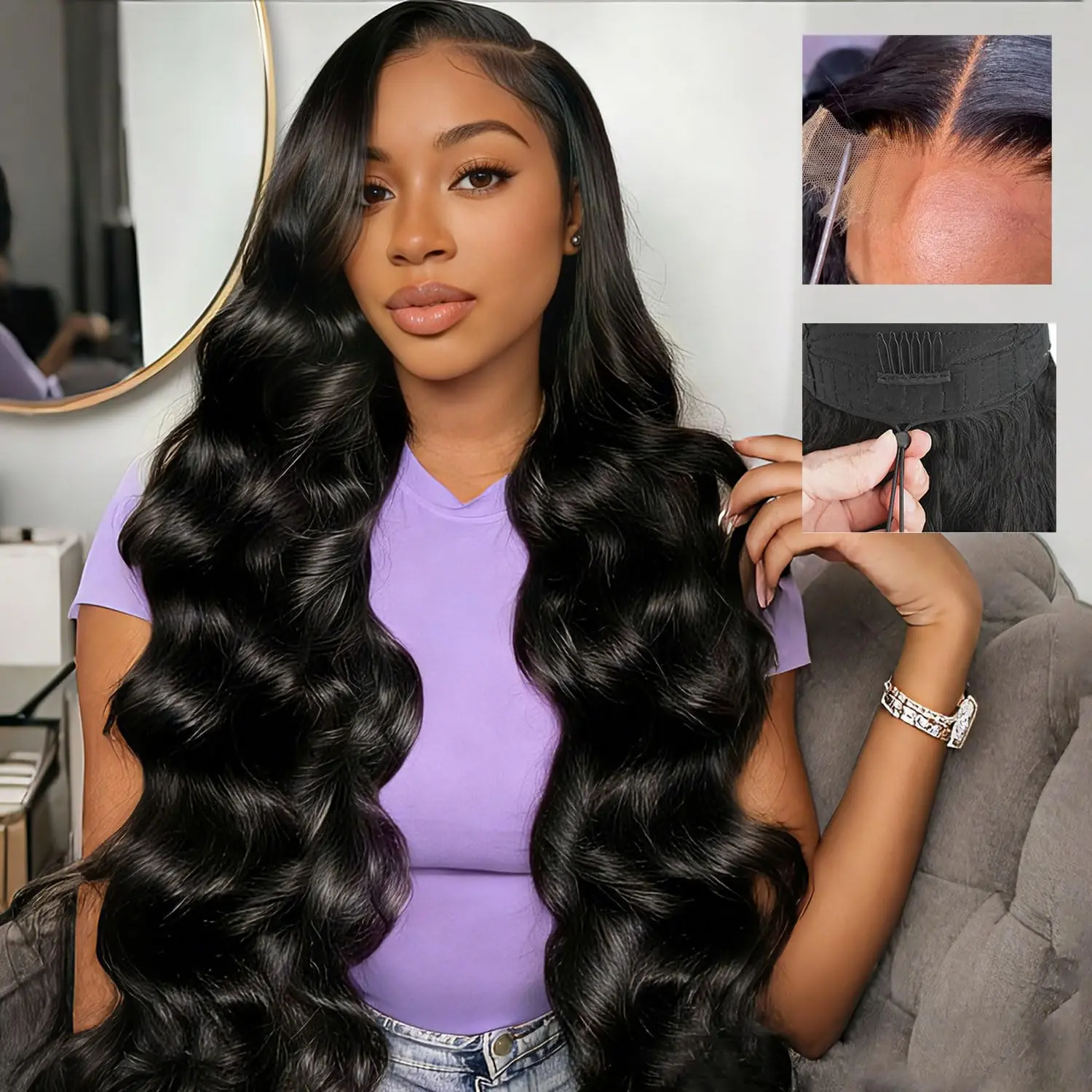 PUHPUH 16A Lace Closure Wig Human Hair Body Wave, 26 Inch 200% Density Glueless Wig with 5x5 SKINLIKE HD Lace, Pre-Plucked with Drawstring for Women
