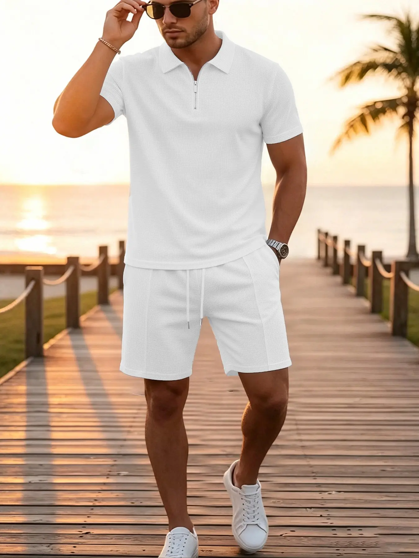 Men's Two-Piece Set Classic Solid Half-Zip Polo Shirt and Shorts, Casual Slim-Fit Short Sleeve Collar Top and Sports Pants, Summer Men's