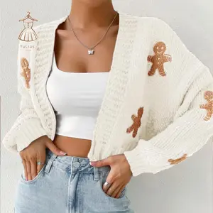 Women’s cute autumn and winter festive-atmosphere knitted cardigan with a gingerbread man pattern, warm and fashionable Fit Knitwear