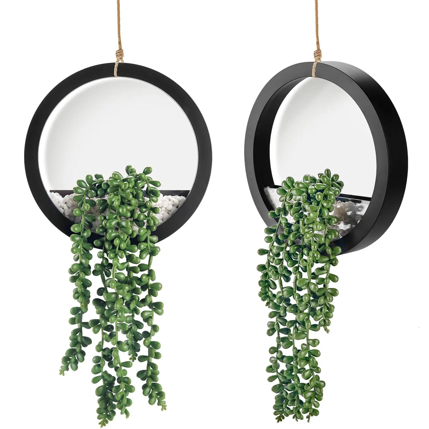 2-Pack Hanging Artificial Succulents (Including String of Pearls) in 2 Black Round Pots (7.8x1.2x15"), Indoor/Outdoor Home Garden Supplies, Kitchen Wall Decor, Boho Farmhouse Accent, Housewarming Gift Option