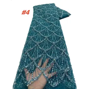 Elegant African Ethnic Pattern Lace Fabric Wedding Dress, Sequins Beaded Embroidery, Lace Detail, High-Quality French Chantilly Lace, Perfect for Nigerian Brides