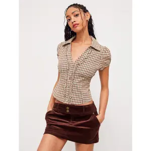 Cider Cotton V-neck Check Button Short Sleeve Blouse SwimWeek