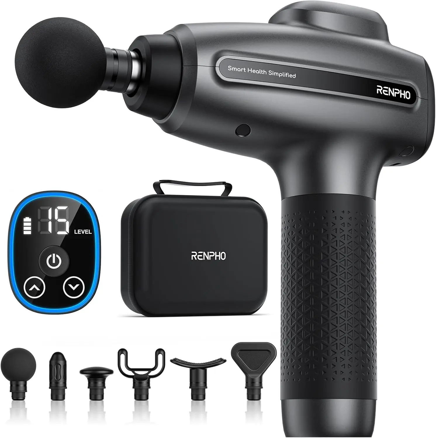 RENPHO Massage Gun Deep Tissue, Percussion Muscle Massage Gun for Athletes Men Women, Electric Handheld Massager Gun for Pain Relief Relax 6 Massage Head, Black