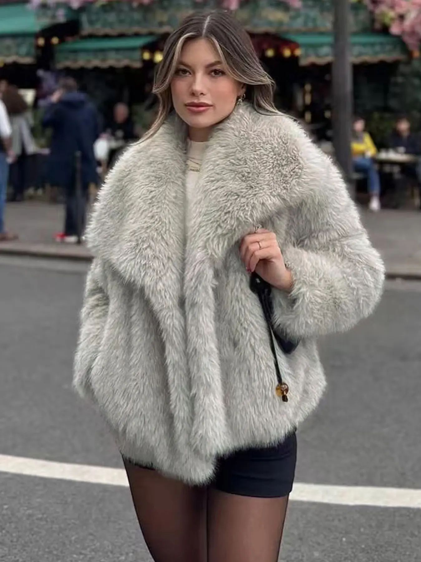 Women's Basic Essential Solid Color Faux Fur Fitted Jacket, Casual Long Sleeve Collared Fuzzy Coat for Fall & Winter, Women's Clothing for Daily Wear, Lady Outerwear, Womenswear, Outfit, Fur Jackets, Casual Fashionable Outerwear