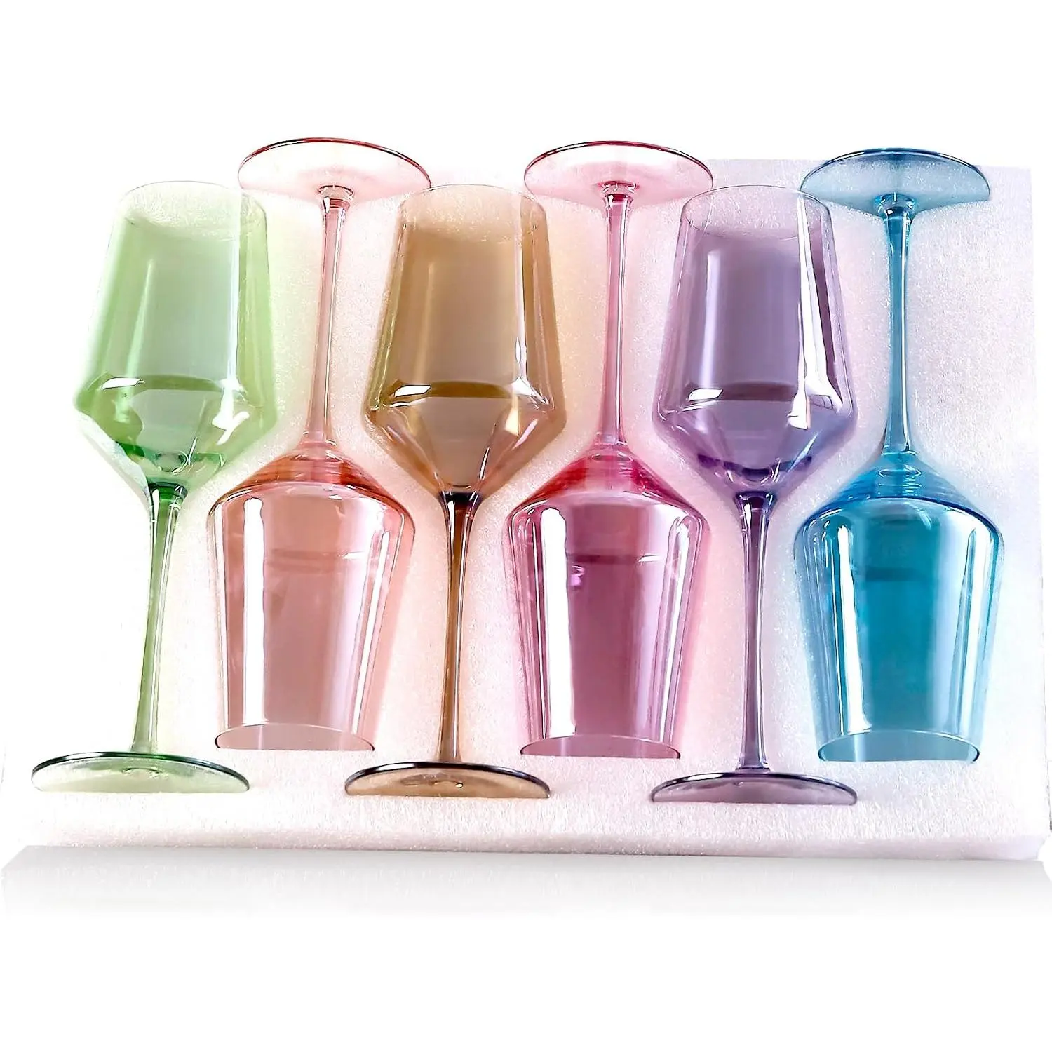 Physkoa Multicolor Long Stem Colored Wine Glasses Set of 6, 15oz Hand-Blown Lead-Free Crystal Glassware, Christmas Wedding Birthday Gift for Wine Lovers & Women
