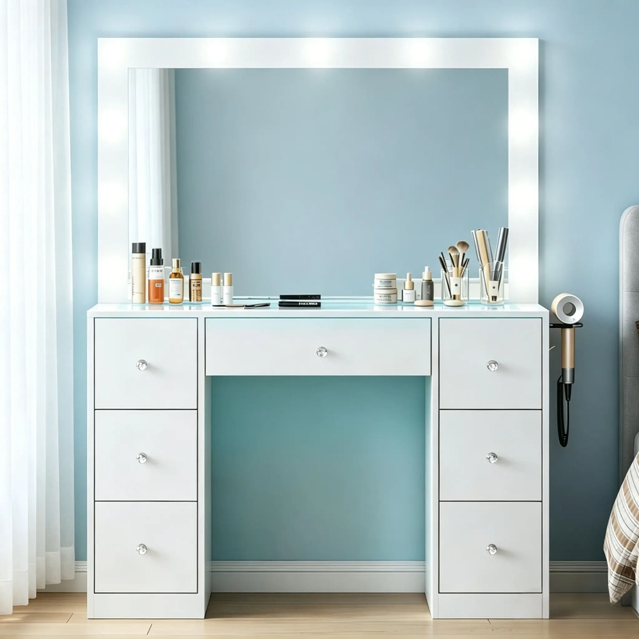 CollaredEagle Modern Makeup Vanity Set - Vanity with Mirror, 11 Backlit Adjustable Lights, Power Outlet, USB Ports, 7 Drawers, White Indoor Bedroom Furniture, Gift for Girlfriend,dorm essentials,home decor
