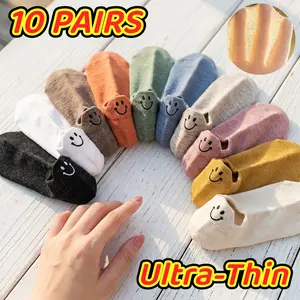 10 Pairs Ultra-Thin Women's Short Socks (US Size 5-10) - Summer Breathable Lightweight Ankle Socks with Cute Smile Face Heel Tab, Shoe Friction Protection Casual Wear Basics