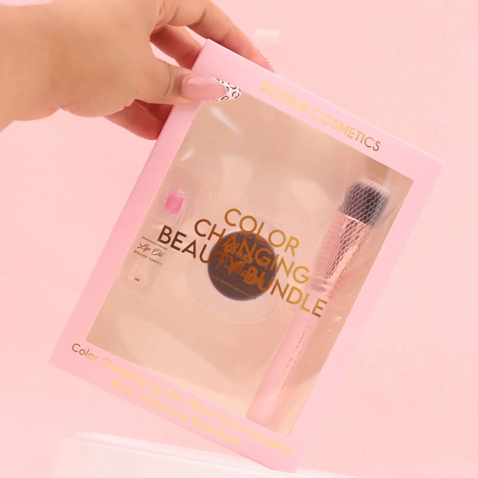 BossUp Cosmetics Beauty Bundle: Color Changing Lip Oil + Black Color Changing Blush + Blending Brush - Makeup