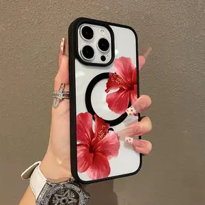 Hibiscus Blooms Pattern Magnetic Phone Case Supports Wireless Charging for iPhone 17 air15 16 14 Pro Max 13 12 11 Plus Shockproof Non Slip Protection Silicone Transparent Acrylic Cover Cellphone Protective Protector Casing Smartphone
