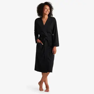 Women’s Pima Cotton Kimono Robe – Soft Black Wrap Robe with Belt and Pockets for Relaxed Everyday Comfort