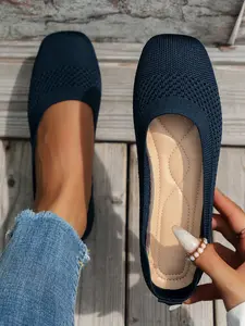 Women's Ballet Flats, Round Toe Mary Jane Shoes, Adjustable Comfortable Knit Rubber Slip-Ons, Daily Wear, Footwear