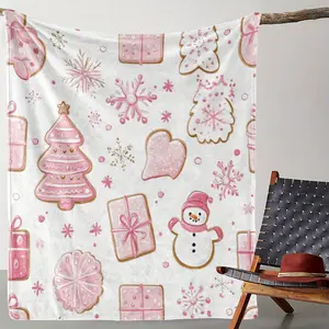 Comfortable Flannel Christmas Blanket with Snowman and Pink Gingerbread Design -Suitable for All Seasons,  Travel - Festival Decorative Background, Travel Blanket | Playful Pattern Blanket, Christmas Blanket, Sofa Blanket, Shawl Blanket for Single