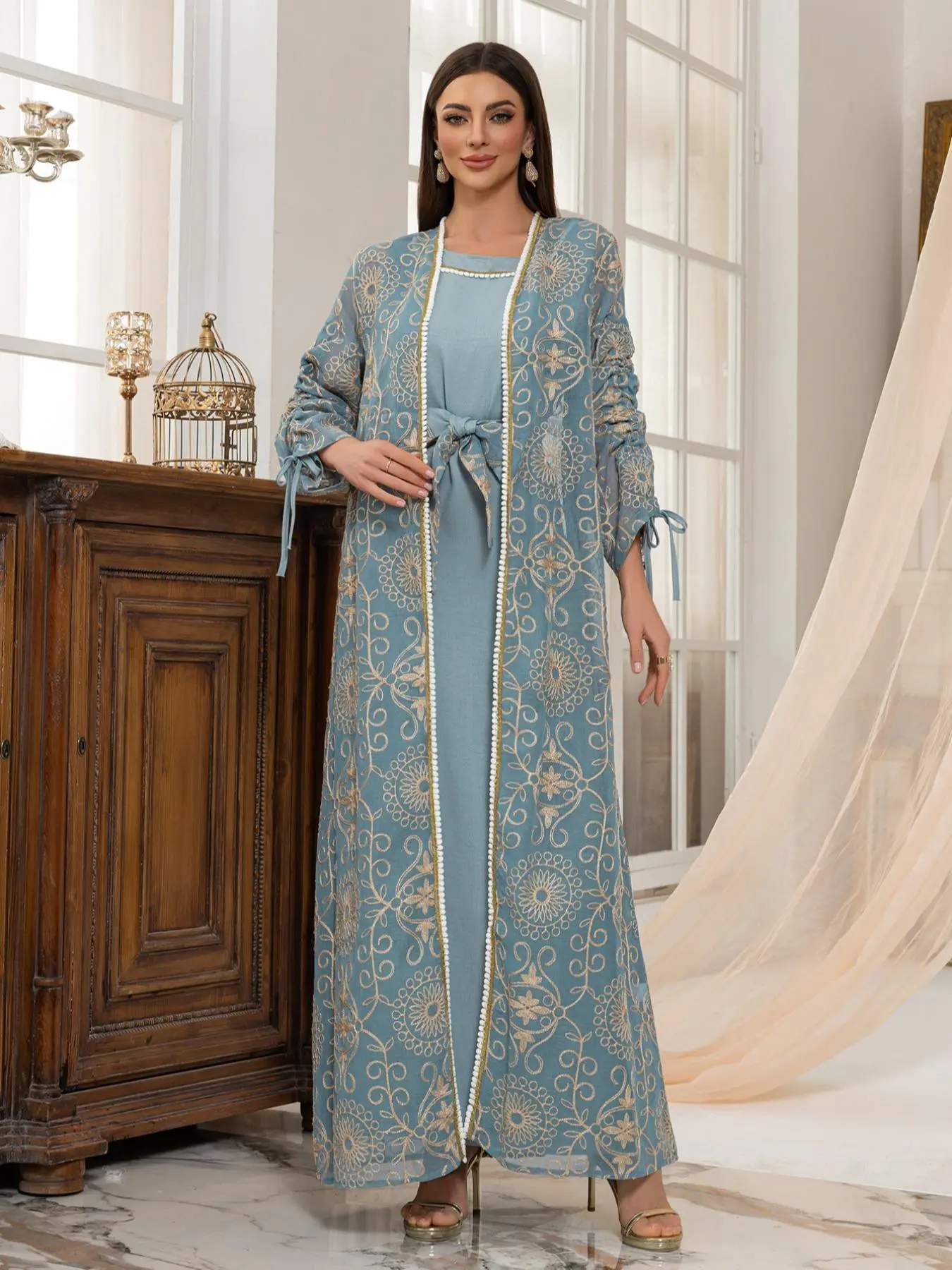 Women's Floral Embroidery Long Sleeve Outerwear & Belted Tank Dress, Elegant Arabic Clothing for Party Holiday Wedding Guest, Arab Wedding Attire, Bridal Outfit, Traditional Brides Attire, Ladies Islamic Clothing for All Seasons, Classy Modest Dresses