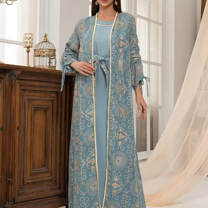 Women's Floral Embroidery Long Sleeve Outerwear & Belted Tank Dress, Elegant Arabic Clothing for Party Holiday Wedding Guest, Arab Wedding Attire, Bridal Outfit, Traditional Brides Attire, Ladies Islamic Clothing for All Seasons, Classy Modest Dresses