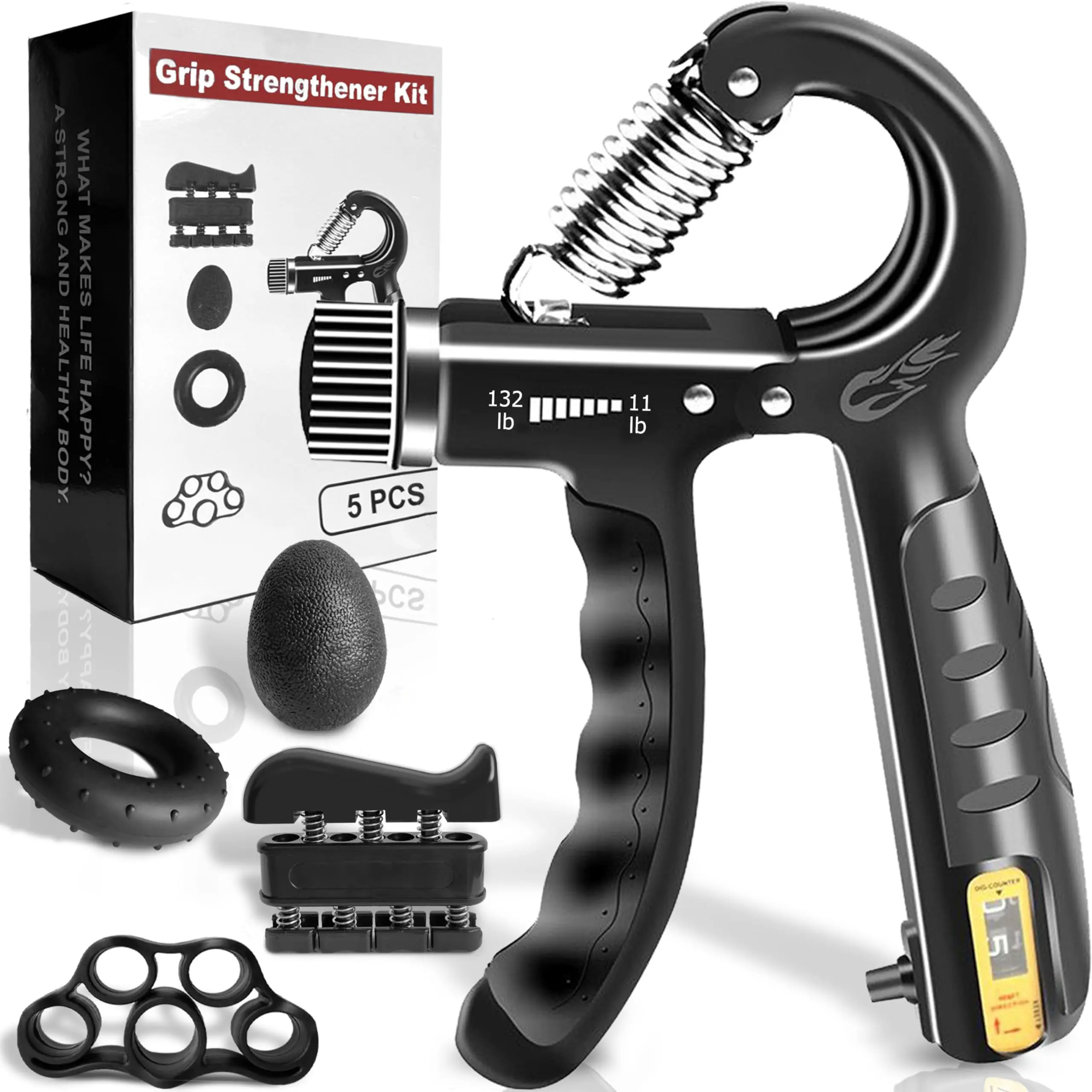 5-Piece Hand Grip Strengthener Exercise Kit, Adjustable Resistance (5-100kg) Forearm Trainer with Finger Stretcher and Pressure Relief Ball, Suitable for Athletes, Musicians, Hand Training and Injury Recovery