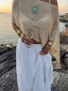Elegant Women's Spring Summer Fashion Casual Knitted Hollow Out Hoodie, Sequin Boat Neck Pure Color Semi-Transparent Top