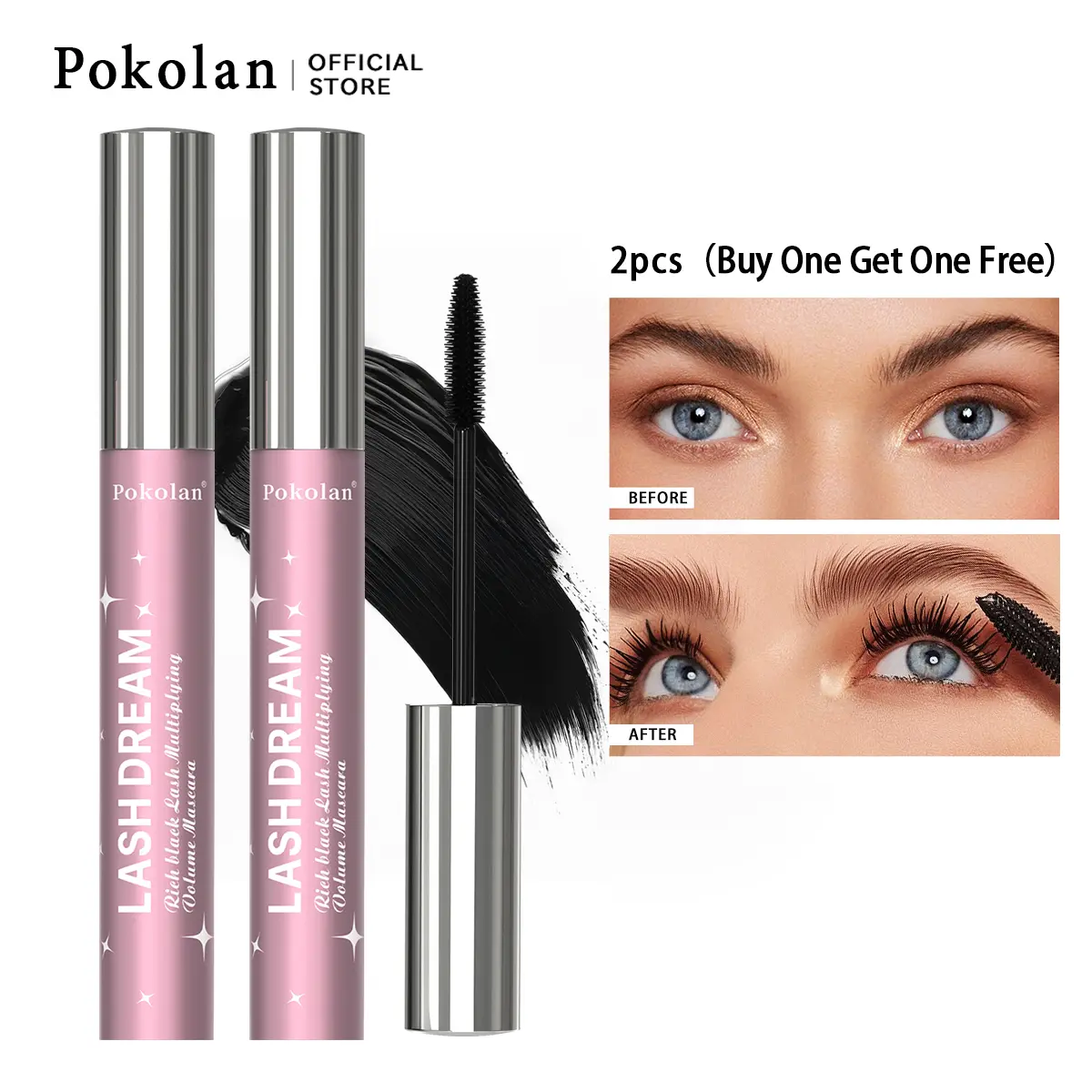 Buy 1 Get 2 Pokolan 2PCS Mascara - Long-Lasting, Waterproof Makeup, Extra Long Lashes, Volumizing, Doll Eye Effect Eyelash Cosmetic Gift