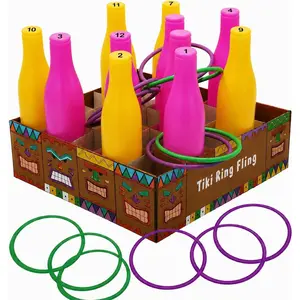 Tiki Ring Fling Bottle Ring Toss  Set for Party  for Adults and Family, Beach Summer Hawaiian Luau Outdoor Indoor  Activity