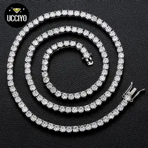 【#N11】3mm Three Prong Inlaid Shiny Synthetic Moissanite Tennis Chain 925 Sterling Silver Necklace Unisex Hip Hop Rap Trend Gift Party Moissanite Synthetic Tennis Necklace