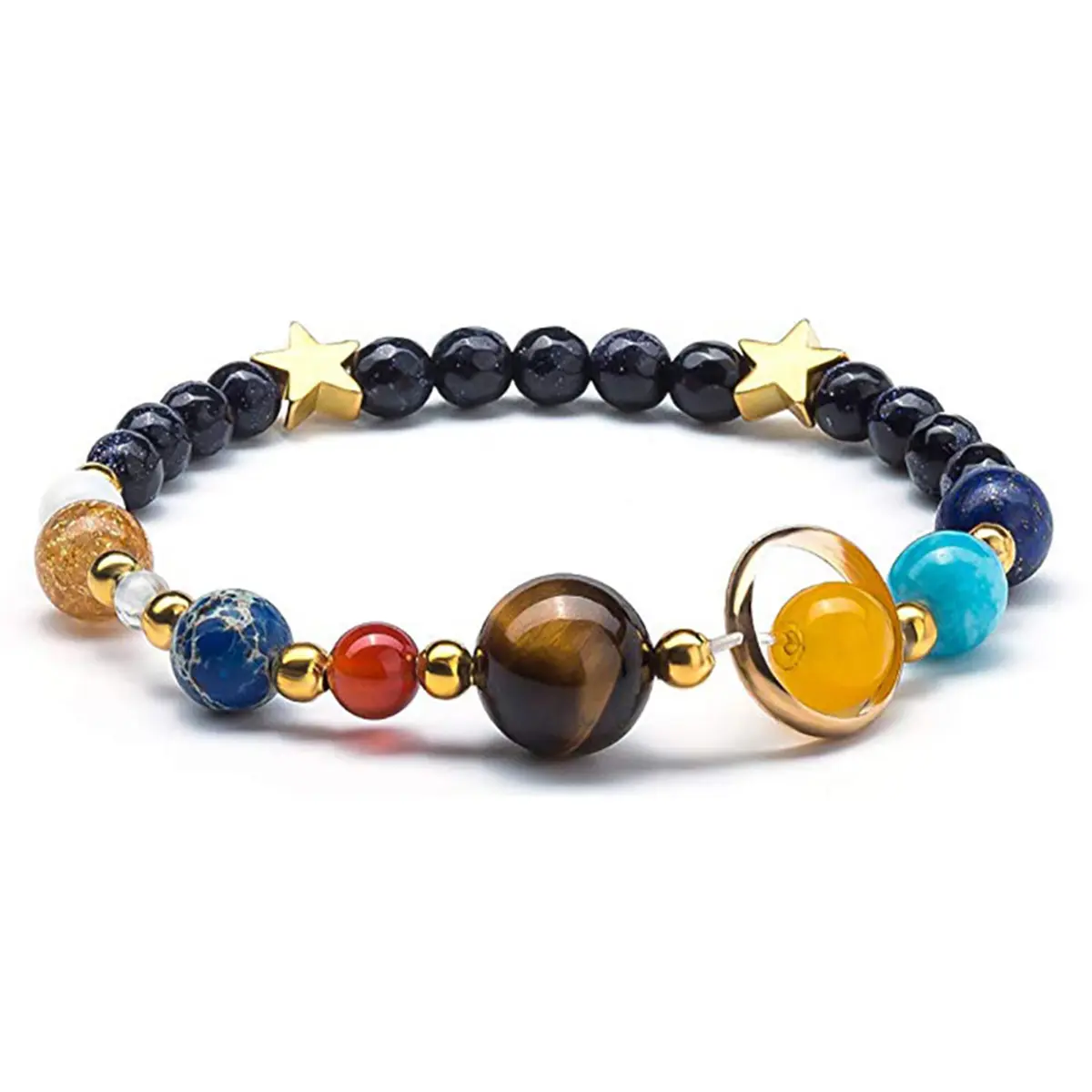 High Quality Natural Crystal Solar System Bracelet - Unisex 8-Planets 6-8mm Beaded Bangle with Star Accents, Astronomy & Fashion Casual Stretch Gemstone Jewelry, High Quality Bracelet