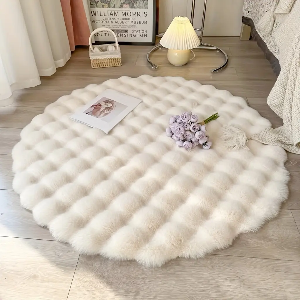 Round Bubble Plush Weave Area Rug - Ultra Soft Fluffy Faux Fur, Washable Cozy Floor Mat, Minimalist Aesthetic Rugs for Bedroom, Cozy Setup Home Decor (35.43 in)