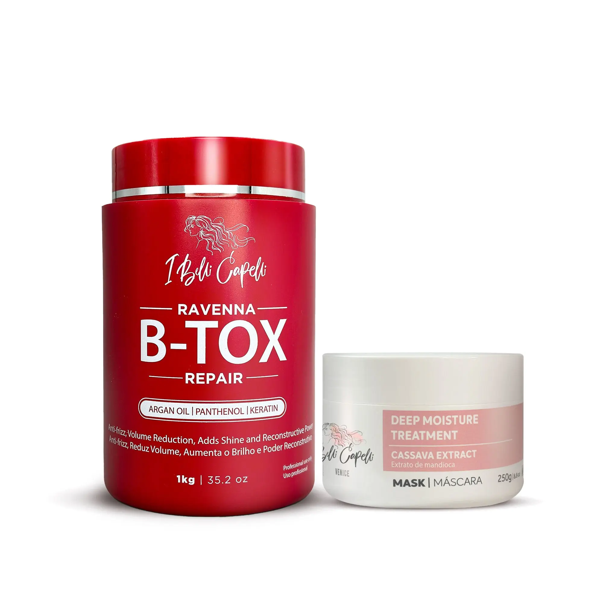 Kit I Belli Capelli Hair Ravenna B-tox Repair 1Kg/35.2 oz and Venice Máscara Extrato Mandioca 250g/8.8 oz Complete Treatment Hair Care Mask Keratin Nourishing Argan Oil