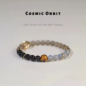 Natural Obsidian & Grey Moonstone Bracelet for Women, Smoky Quartz Tiger Eye Beaded Bracelet, Calming Sleep & Protection Jewelry Gift