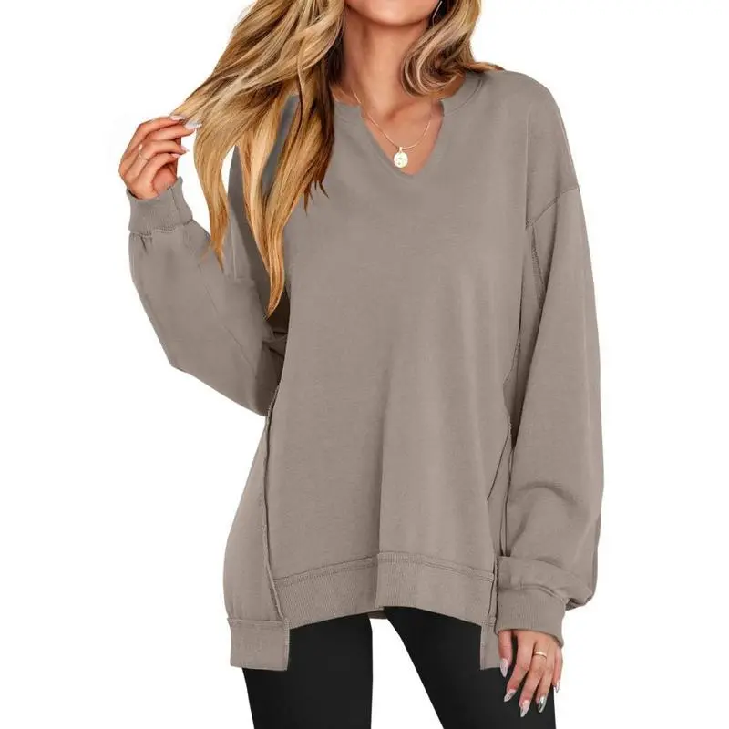 NewWomen's Sweatshirts Long Sleeve Tunic Shirts V Neck Loose Pullover Tops Trendy Fall Teen Girls Outfit