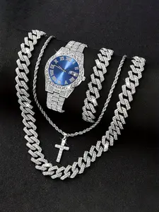 16mm Hip Hop Miami Cuban Link Chain Set Necklace +Watch+Bracelet Creative Iced Out Shiny Trendy Stylish Matching Jewelry Set For Women Men