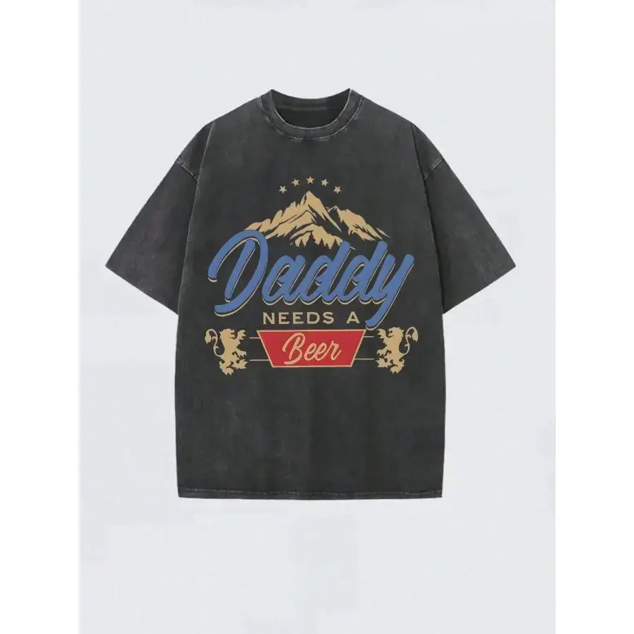 Men's Vintage Washed Oversized Boxy Fit Graphic Tee - Round Neck Short-Sleeve Menswear Top, Retro Streetwear Father’s Day Casual Shirt for Beer-Loving Dads, Tops, Shortsleeve