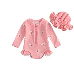 Baby Girls Long Sleeve Flower Print Swimsuit, Zip Up Bikini with Hat, Newborn Summer Swimwear for Beach Pool
