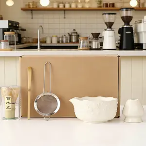 Japanese Style Embossed Ceramic Tea Set, 5 Piece Porcelain Matcha Serving Kit with Scoop and Strainer, Elegant Teaware