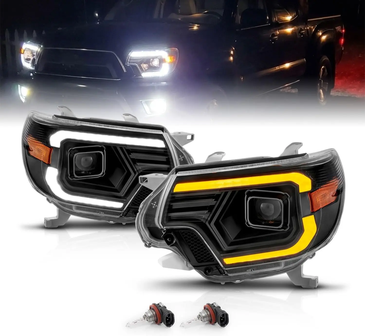 AmeriLite For 2012-2015 Toyota Tacoma Pickup C-Type Switchback LED Tube Replacement Headlights Pair - Passenger and Driver Side
