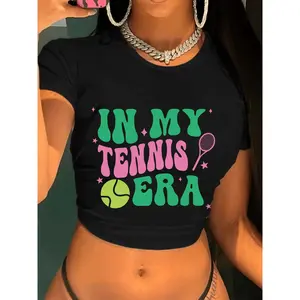 Women's Retro Loose Crop Top - Vintage 80s/90s Short-Sleeve Fabric Shirt with "In My Tennis Era" Slogan, Racket Print, Casual Summer Blouse for Tennis Parties; Pair with Leggings, Skinny Jeans, Sleeveless Tank Tops, Skirts, Loungewear