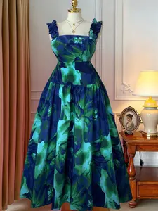 Plus Size Women's Blue Gradient Floral Print Square Neck Dress, Flutter Sleeve Waist Cinch Long Dress, Summer Vintage Elegant Gown, Feminine
