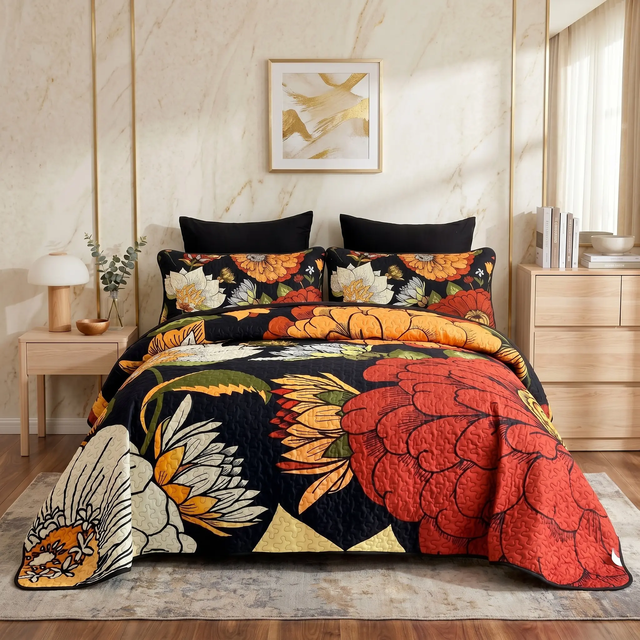 2/3PC Black Floral Quilt Set – Oil Painting Style Vintage high quality Bedding, Ultra-Soft Breathable Polyester Microfiber, Machine Washable for Bedroom Dorm Soft Decor