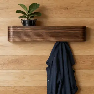 Modern Wall-Mounted Coat Rack, Hidden Hooks + Shelf, Solid Wood + Iron Art, Space-Saving Natural Color, Easy Install Durable Clothes Hanger