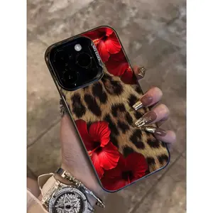 High-End Red Floral Leopard Print TPU Smartphone Case - Waterproof, Shockproof, Scratch-Resistant Accessory for iPhone 17,16,16e,15,14,13,12,11,X,XR,XS MAX,7p,8p - Tech Accessories Flower-Design Gift for Friends