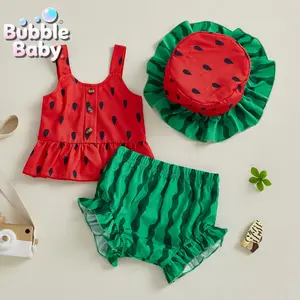 Baby Girl Watermelon 3-Piece Set - Sleeveless Button-Front Ruffle Top, Watermelon Ruffle Bloomers & Matching Watermelon Bucket Hat | Toddler Summer Fruit-Themed Outfit
